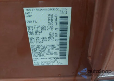 2016 Nissan Murano Platinum from USA, damaged, VIN 5N1AZ2MH4GN102996